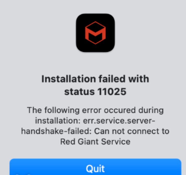 安装Red Giant Maxon App时提示错误11025：无法连接到Red Giant服务